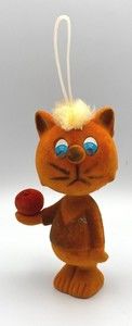 Vintage Flocked Orange Cat Holding Red Apple Holiday Christmas Ornament 5" Tall